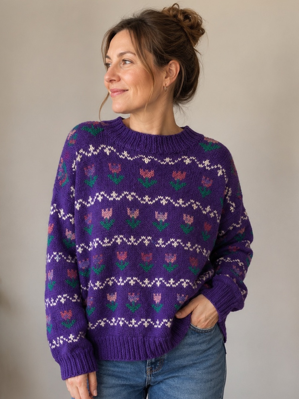 Purple Floral Knit Sweater